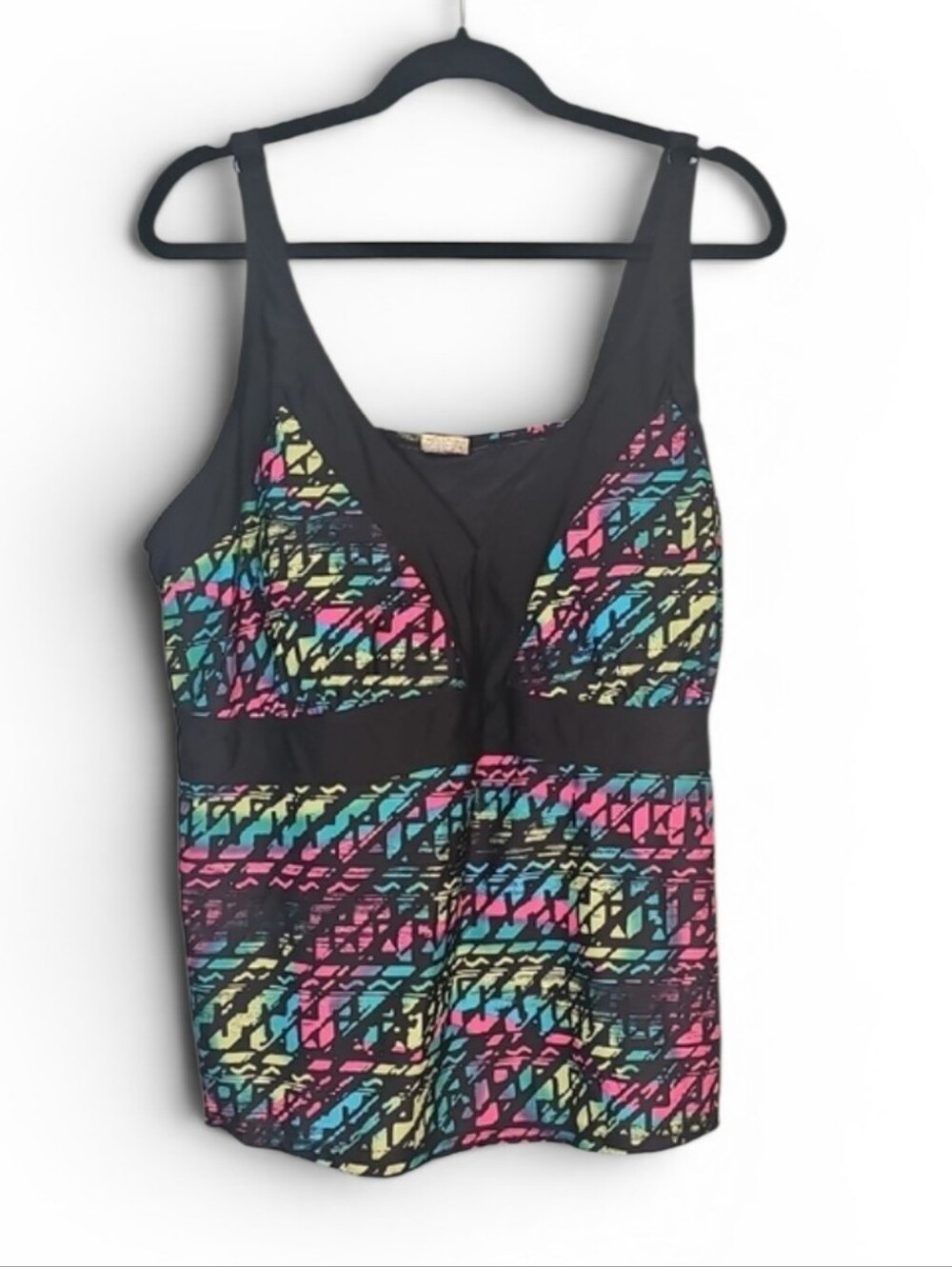 🦋 Sea Black Tankini Top with Neon Geo Print, Size 3XL